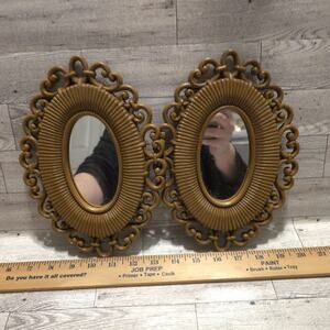 Vintage 1978 Homco Boho 9-5/8" Oval Mirror Faux Rattan Resin Wicker Set of 2